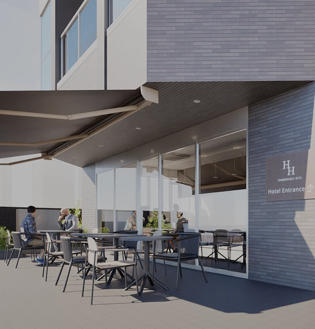 An open cafe and bar with terrace seating